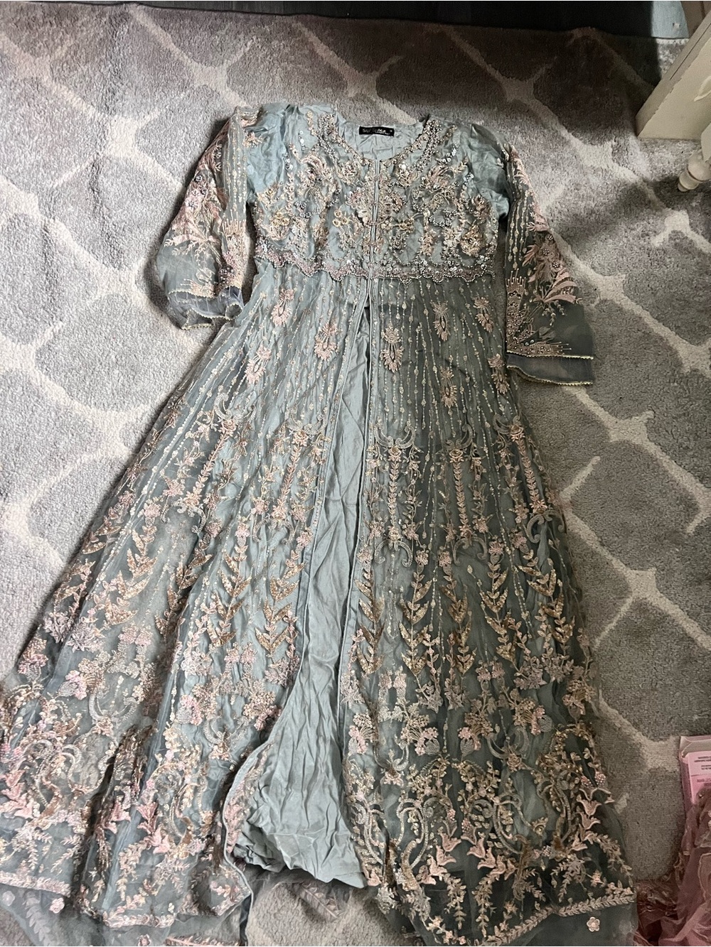 Embroidered Sage Green Maxi Dress with Blush Accents